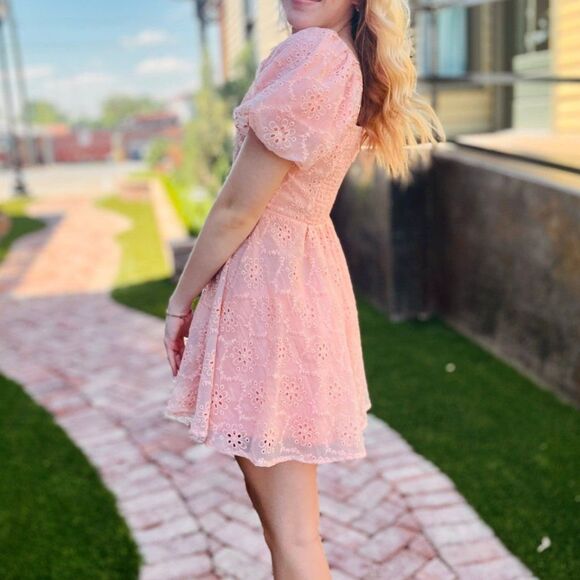 Adelyn Rae Blush Pink Floral Puff Sleeve Mini Baby Doll Tea Dress size Small - Picture 3 of 13